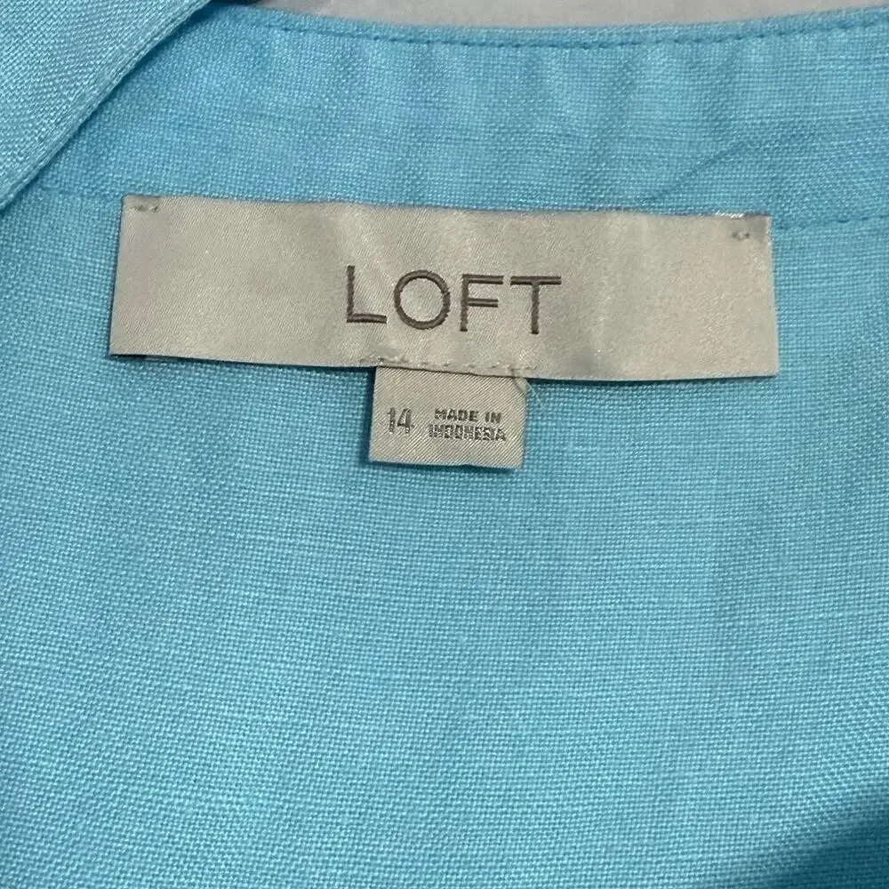 Loft Tiered Linen Blend Sundress Women’s Size 14 Aqua Blue Button Front Midi EUC